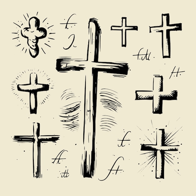 A collection of handdrawn vector illustration sketches depicting various Christian crosses including symbols commonly associated with Easter and Christianity