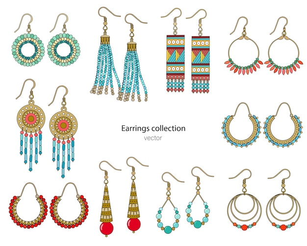 Collection of handmade earrings in ethnic style. Color illustration isolated on a white background.