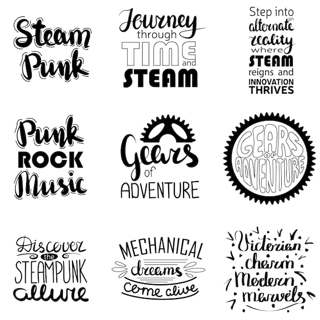 Collection of handwriting steampunk text Phrase about technology industry life gears cogs wheel