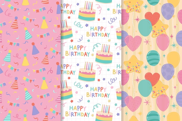 Vector collection of happy birthday colorful cake and balloons seamless pattern