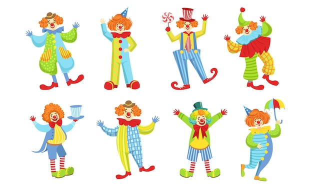 Collection of Happy Funny Clowns in Action Poses Funny Circus Comedian Characters in Bright Costumes Vector Illustration