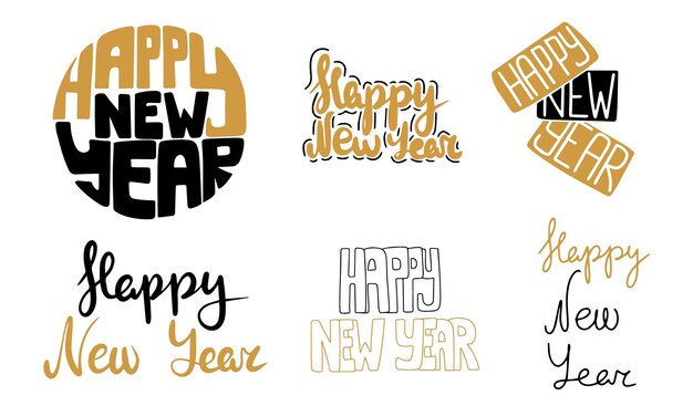 Collection of Happy New Year lettering Set of hand drawn of Happy New Year text Vector