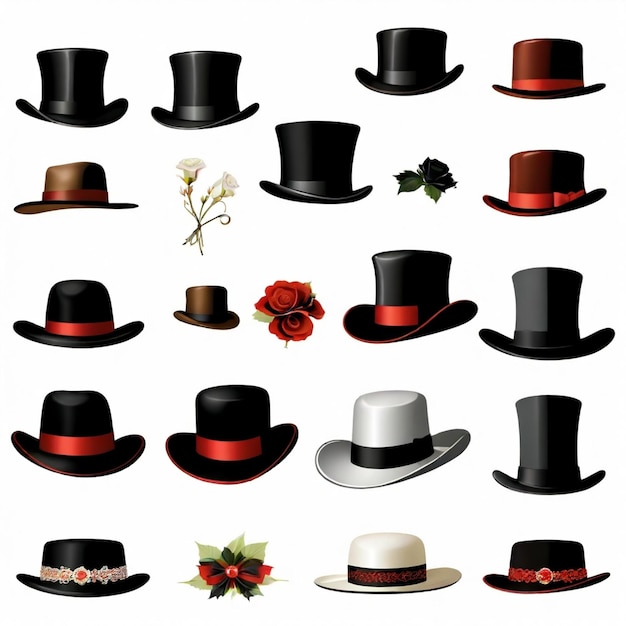 Vector a collection of hats including a black hat with a red ribbon