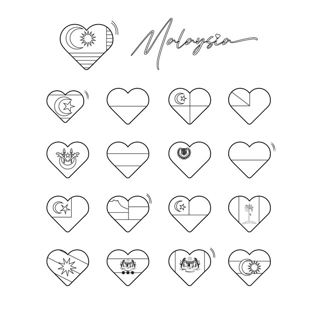 a collection of hearts states of Malaysia colouring pages