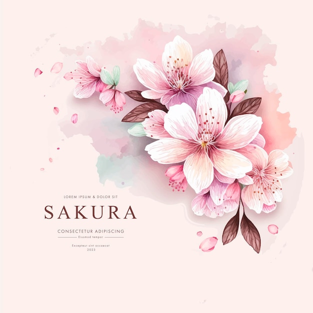 Collection of herry blossom flowers and branches in vector watercolor style