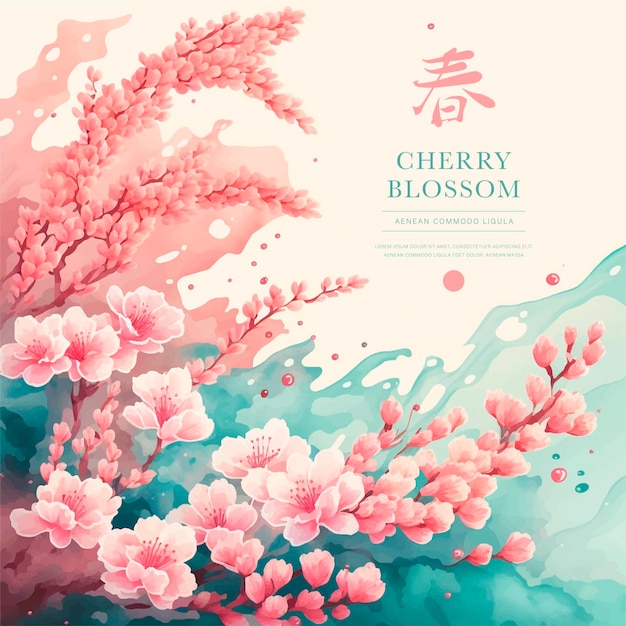 Collection of herry blossom flowers and branches in vector watercolor style