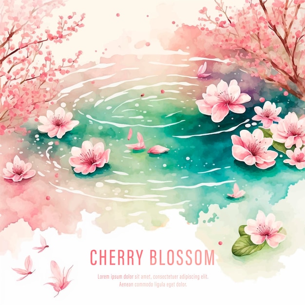 Collection of herry blossom flowers and branches in vector watercolor style