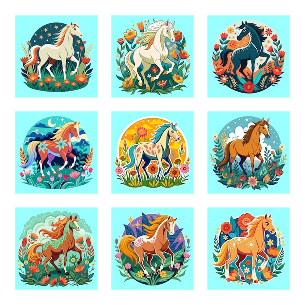 Vector a collection of horse images including horses and flowers