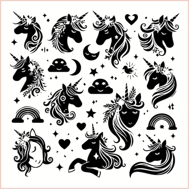 Vector a collection of horses and hearts with the words  unicorn  on the bottom