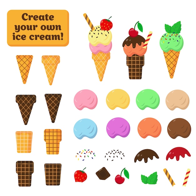  collection of ice cream elements and  waffle on white background. Parts of ice cream for creating own disign.