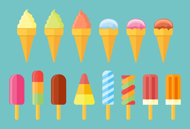 Collection of ice cream. Set of cones, ice lolly, popsicles. Flat style icons.