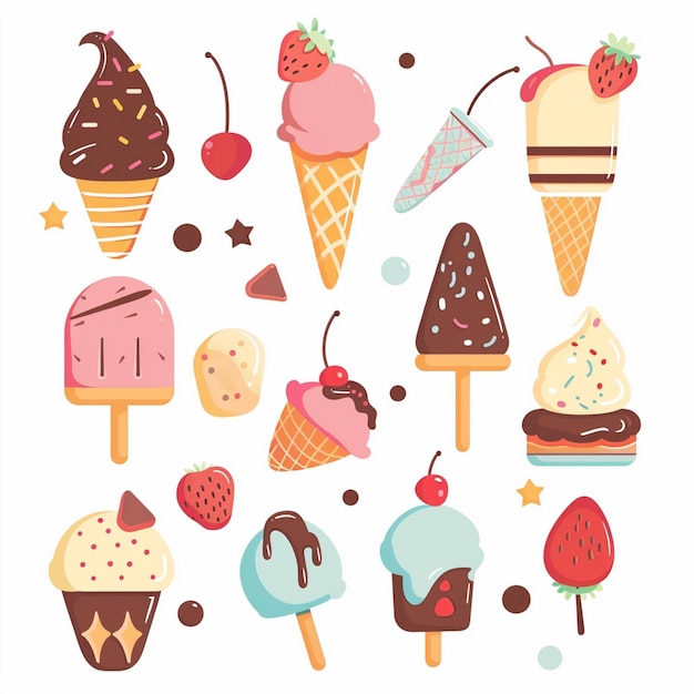 a collection of ice creams including one that has a strawberry on it