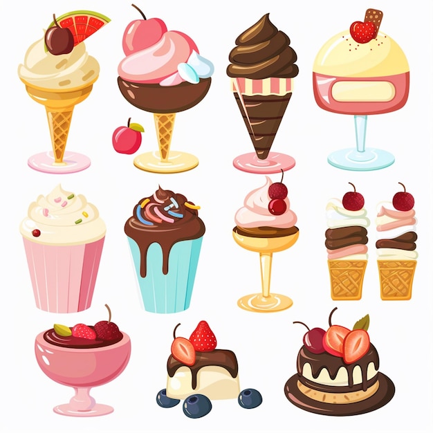 a collection of ice creams including one with a strawberry and strawberry