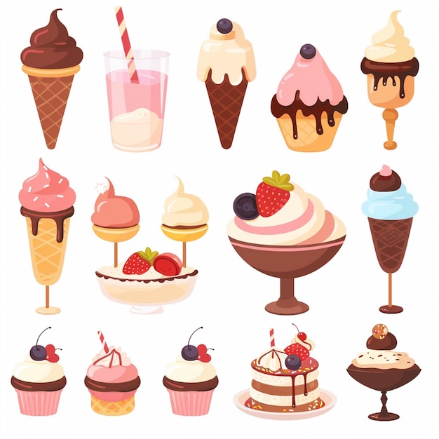 a collection of ice creams including one with a strawberry and strawberry