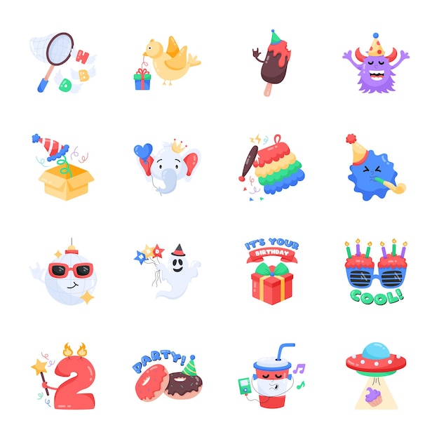 A collection of icons for a birthday party.