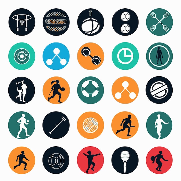 a collection of icons including a man and a woman with a long sticker on it