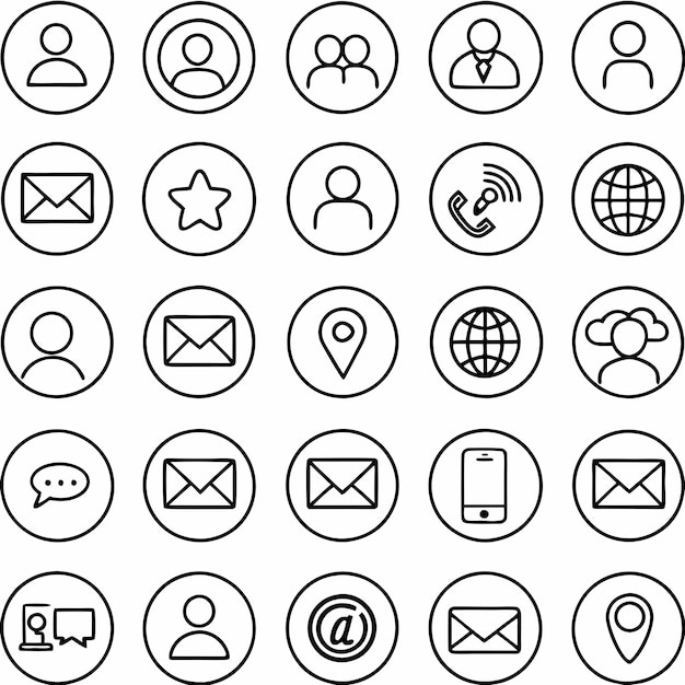 a collection of icons including one that says  social media  and the other is a circle of the world