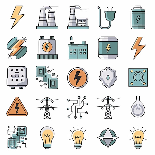 Vector a collection of icons including a power supply electricity and electricity