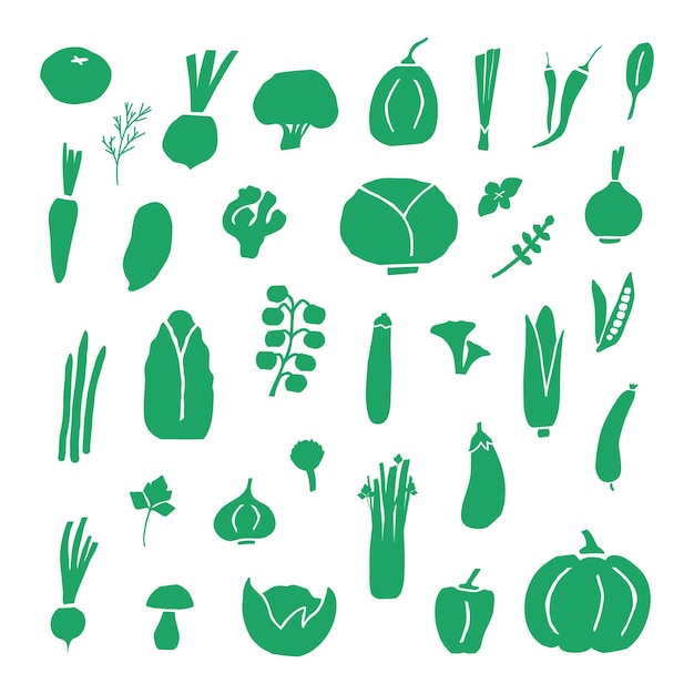 Collection of icons of various vegetables in a flat style. Set of silhouettes of vegetabl. Veggies nutrition doodle, organic vegan food. Vector illustration