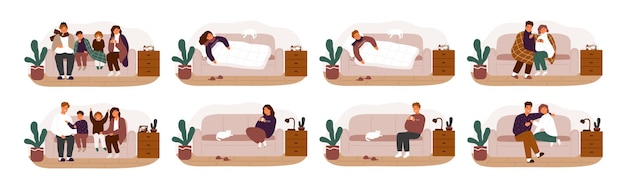 Collection of ill or sick and recovered people on sofa or couch. Bundle of adults and children having influenza, common cold or infection and recovering. Vector illustration in flat cartoon style.