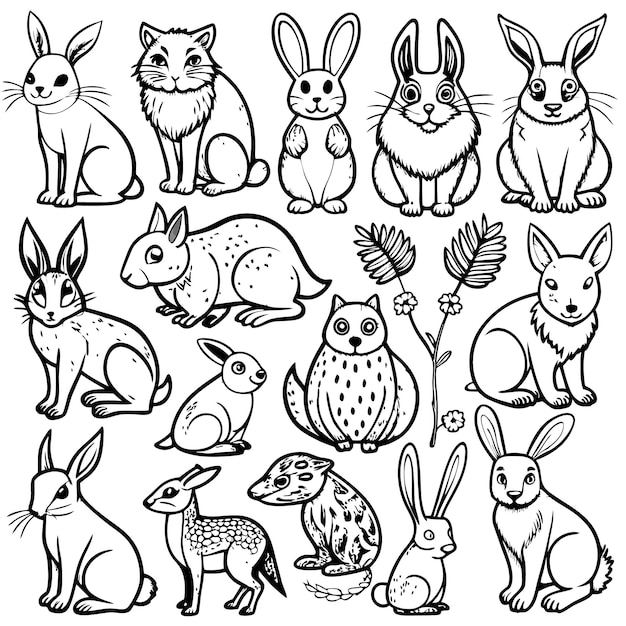 A collection of illustrated animals including rabbits and owls