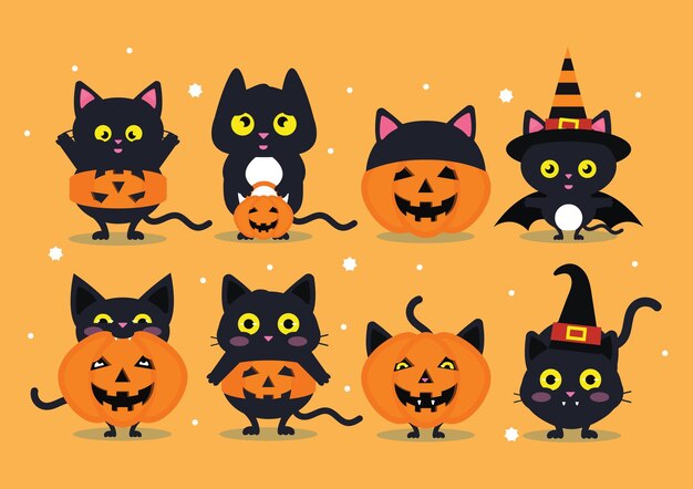 Vector collection of illustrated cute halloween cats dressed as pumpkins and witches