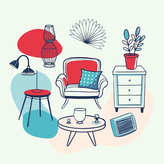 A collection of illustrated furniture and decor items