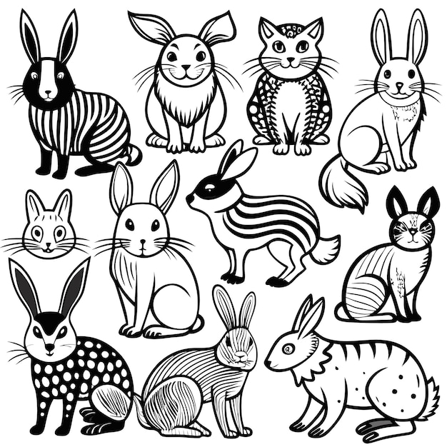 Vector a collection of illustrated rabbits and a cat in various poses