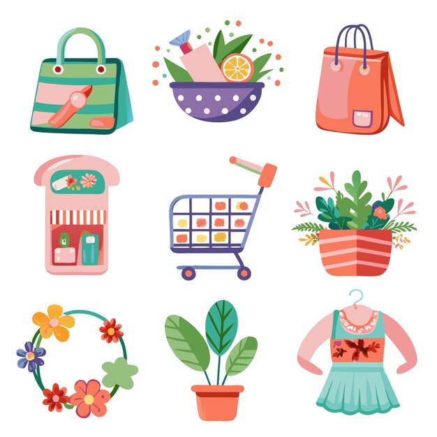 A collection of illustrated shopping beauty and plant icons