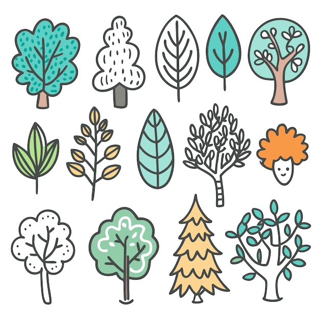 A collection of illustrated trees and leaves in various styles