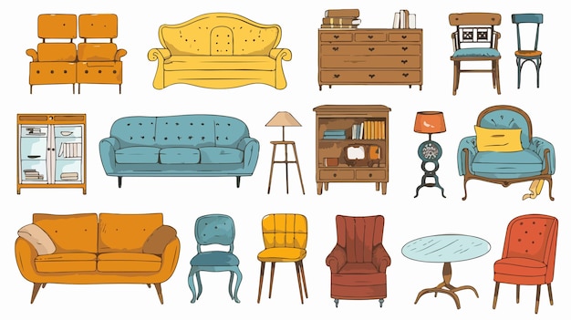 a collection of illustrations of furniture including a couch chair and a chair