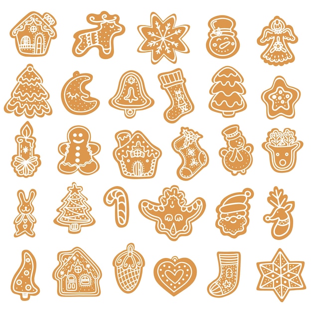 Collection of illustrations of graphic icons of traditional Xmas gingerbread cookies