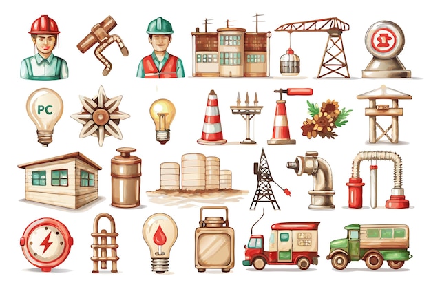 a collection of illustrations including a set of different things including a construction worker