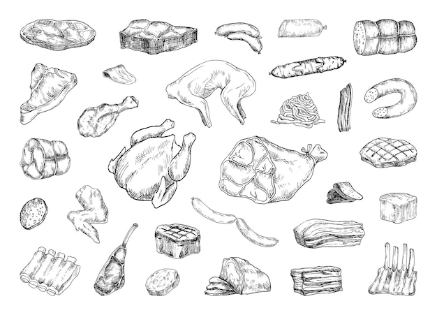 Collection of illustrations of meat products in sketch style