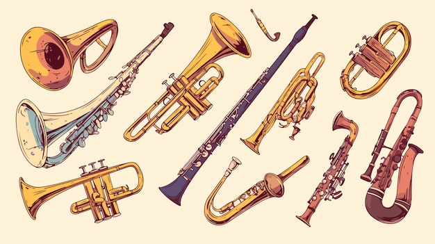 a collection of illustrations of the musical instruments