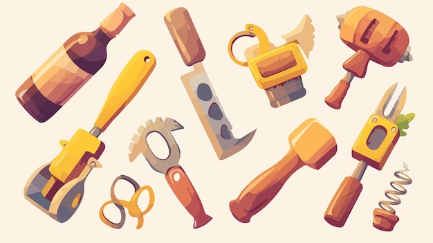 a collection of illustrations of various tools including a hammer and a hammer