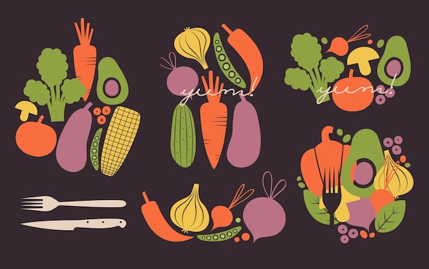 Collection of illustrations with vegetables, berries, cutlery in flat style. Clip arts with veggies.