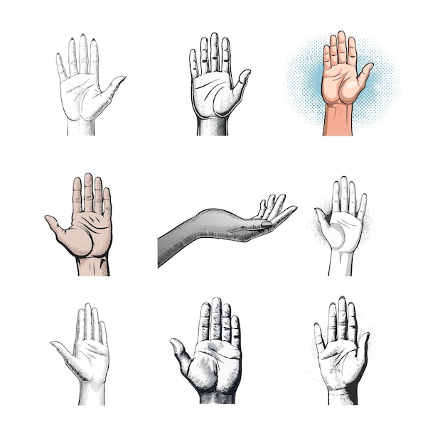 a collection of images of hands with one being held up