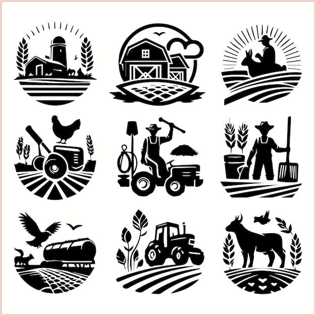 a collection of images including a farm and farm equipment