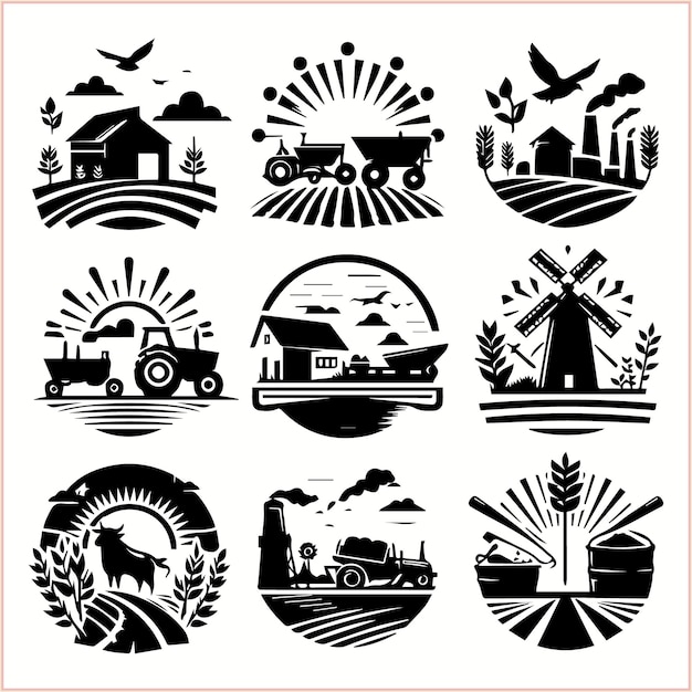 a collection of images including a farm and windmills