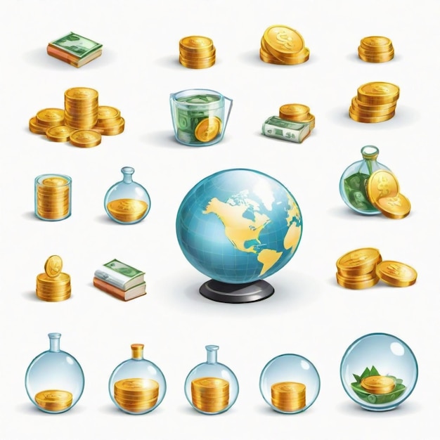 a collection of images including a globe and a globe with gold coins