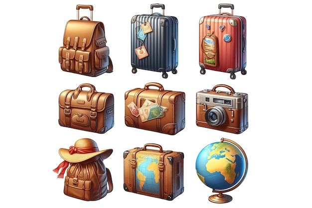 a collection of images including a suitcase suitcase and a map of the world