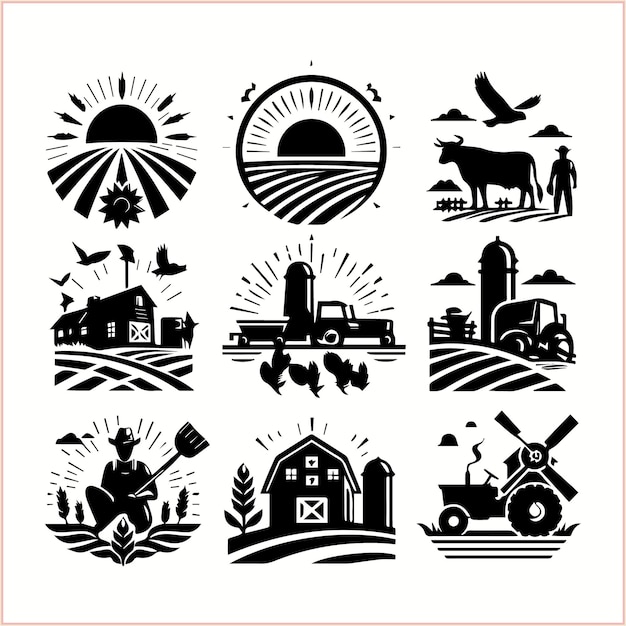 a collection of images including a sunset and a farm