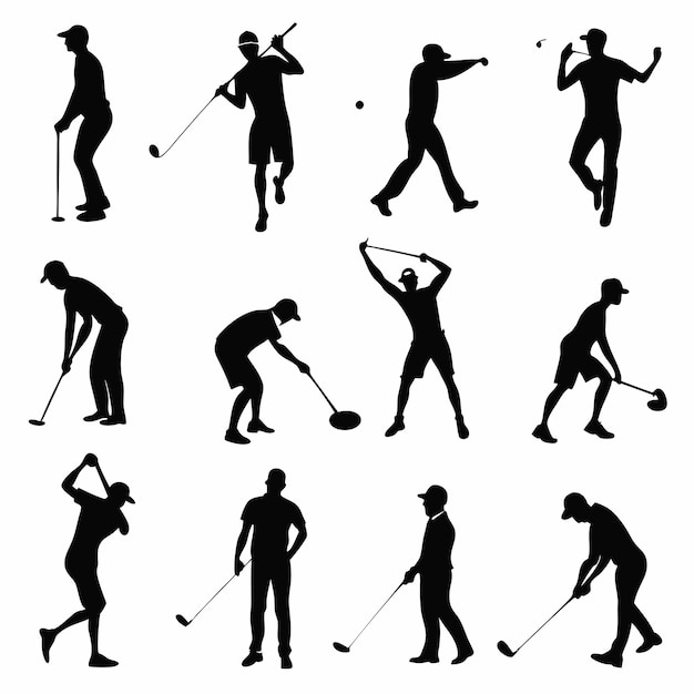 Vector a collection of images of people playing golf and one of the pictures says  the man is playing golf