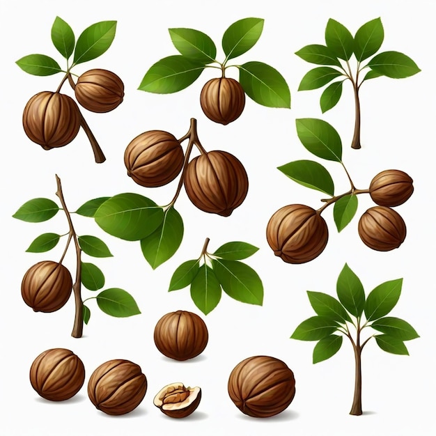 a collection of images of walnuts and leaves