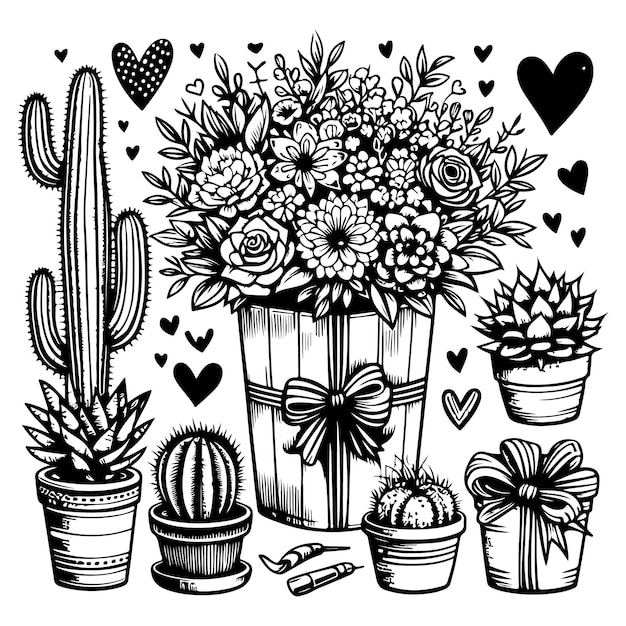 Collection of indoor plants flowerpots and cactus large bouquet of flowers in romantic package wit