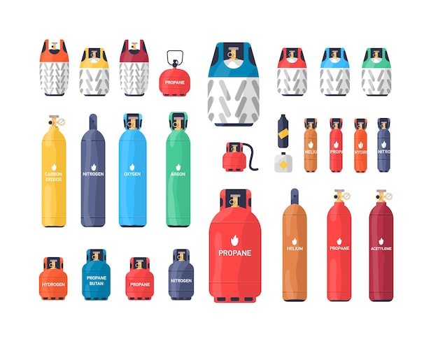 Collection of industrial compressed gas cylinders or tanks of various size and color isolated on white background. Bundle of different pressure vessels. Colorful vector illustration in flat style