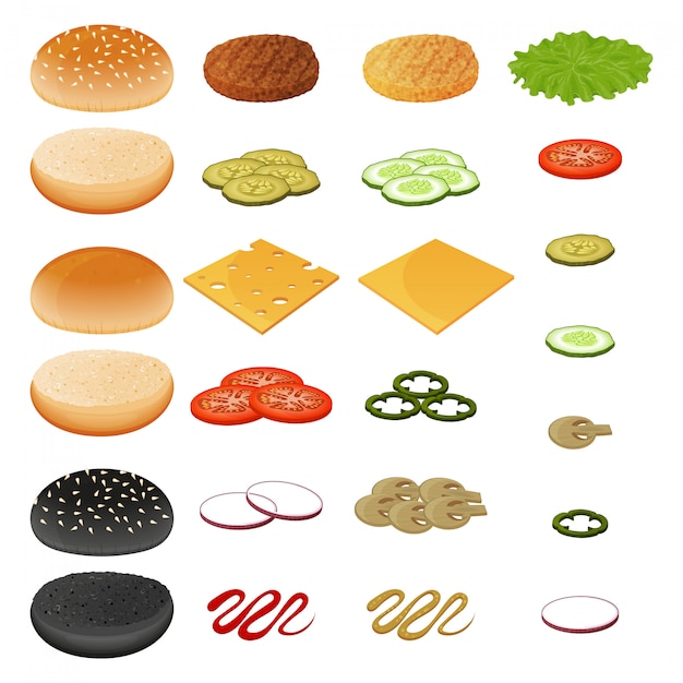 Vector collection of ingredients for burger, vegetables, cutlet, cheese, sauce and bun. object for packaging, advertisements, menu. isolated on white.