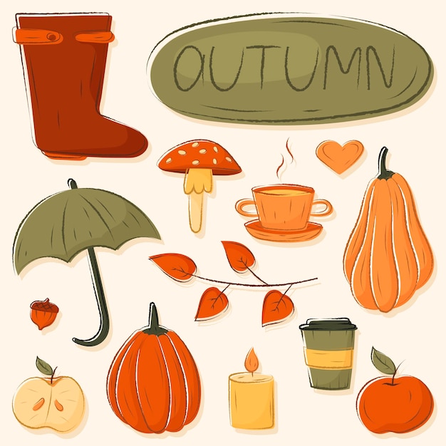 Vector collection of isolated autumn doodle elements in warm cozy colors.