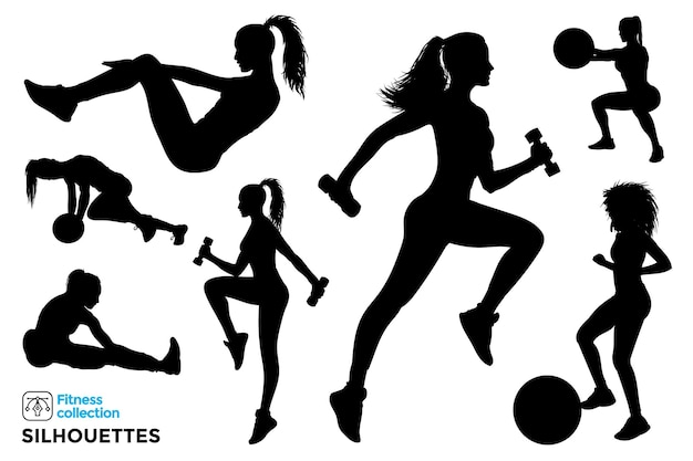 Collection of isolated silhouettes of fitness women